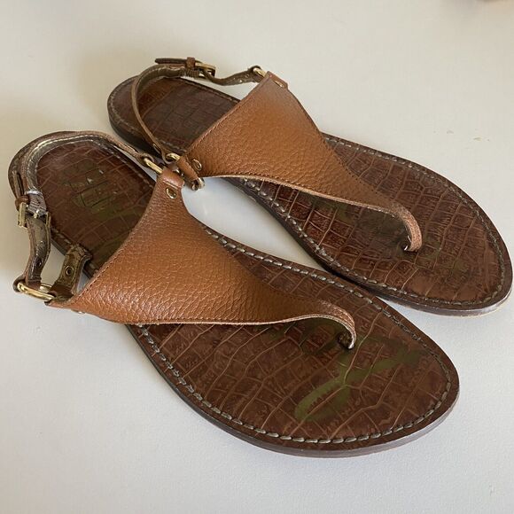 Sam Edelman Greta Leather T-Strap Flat Sandal Thong Ankle Strap Brown 8 - Picture 2 of 7